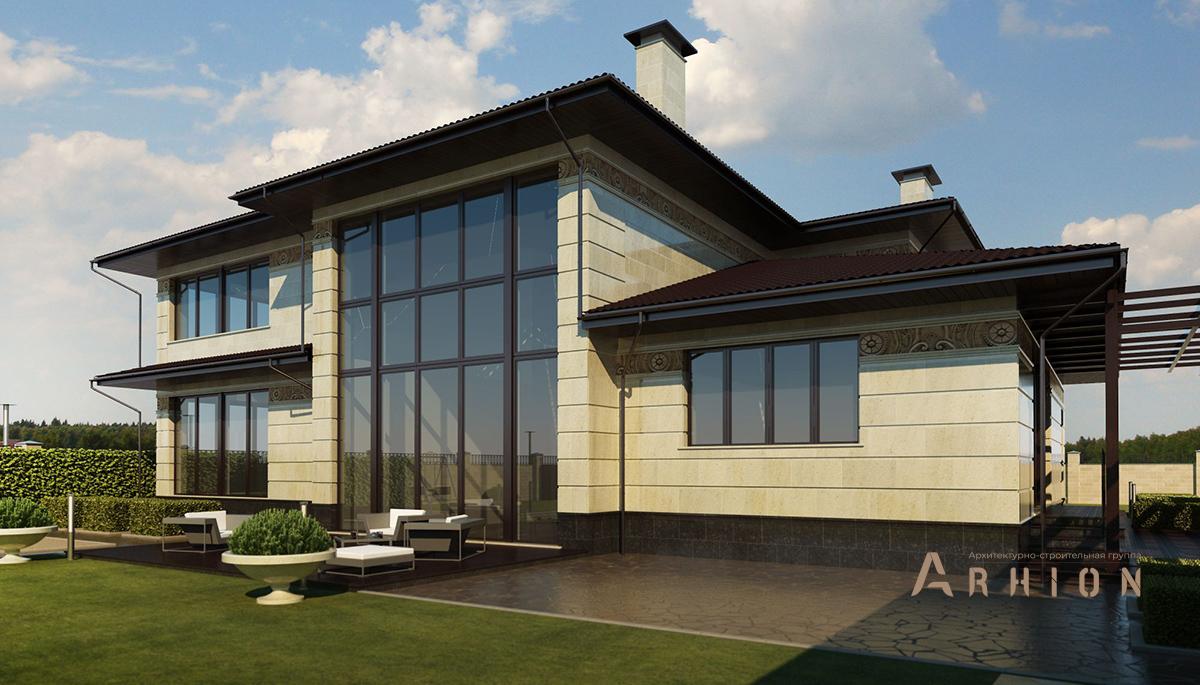 3. Проект двухэтажного дома в стиле Ллойда Райта (прерий) с четырехскатной, SOV-16, площадью - 371 кв c сауной, балконом, вторым светом